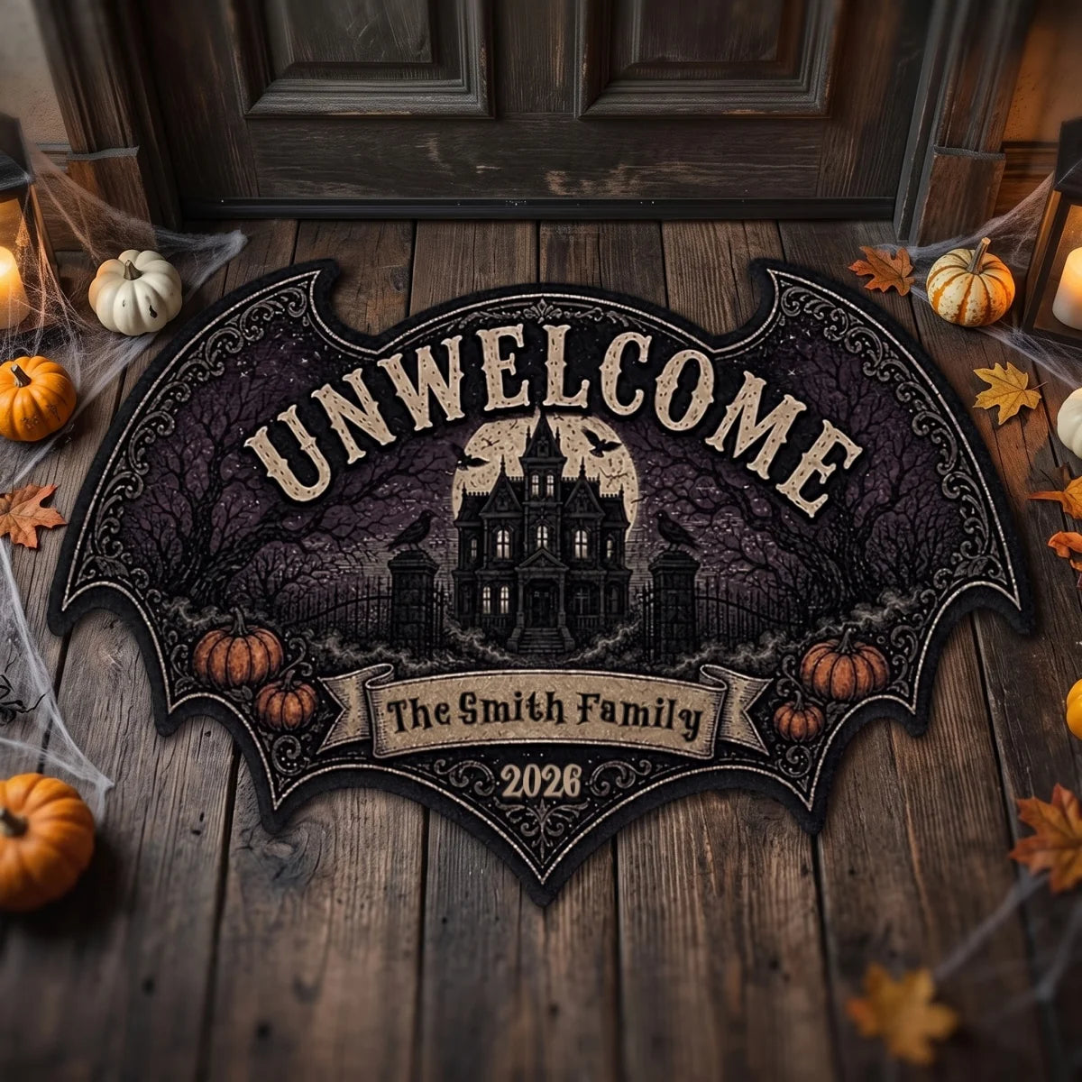 "UNWELCOME" Personalized Bat Shaped Doormat - Gothic Halloween Outdoor Rug Decor for Family Housewarming