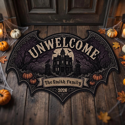 "UNWELCOME" Personalized Bat Shaped Doormat - Gothic Halloween Outdoor Rug Decor for Family Housewarming
