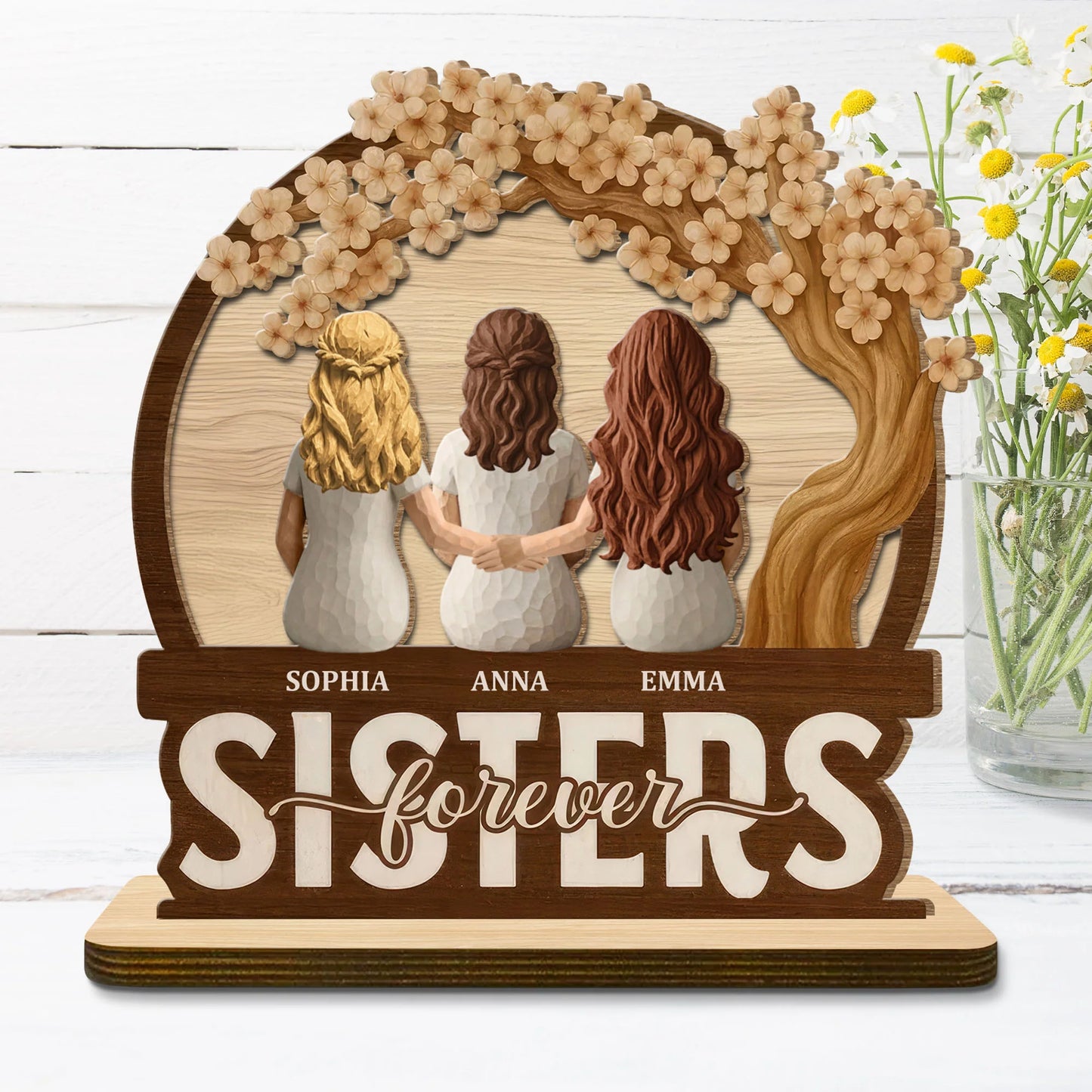 Personalized sister wood plaque featuring custom names and rustic floral tree design - thoughtful friendship desk gift image 7