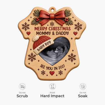 Merry Christmas Mommy & Daddy - Personalized Ultrasound Wooden Ornament for Expecting Parents
