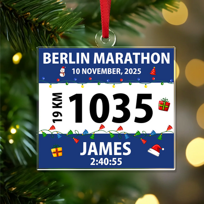 Custom Marathon Race Bib Ornament for Yourself with personalized design details for meaningful gifting