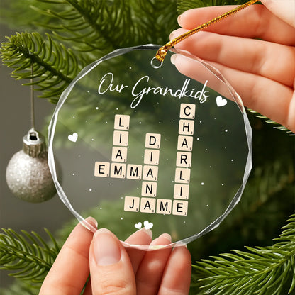 Our Grandkids Personalized Crossword Glass Ornament Custom Family Names Holiday Keepsake