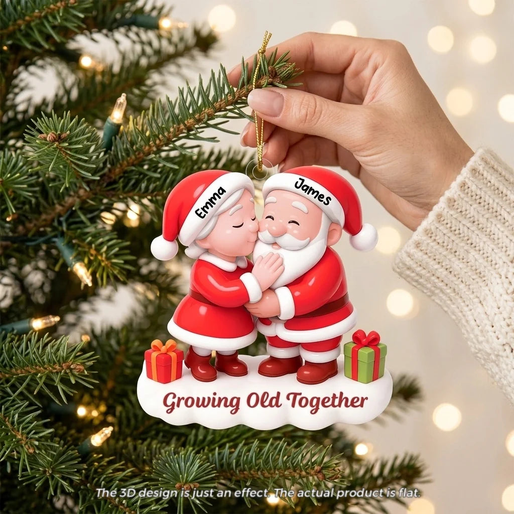 "Growing Old Together" Personalized Couple Name Acrylic Ornament - Custom Kissing Santa & Mrs. Claus Christmas Gift