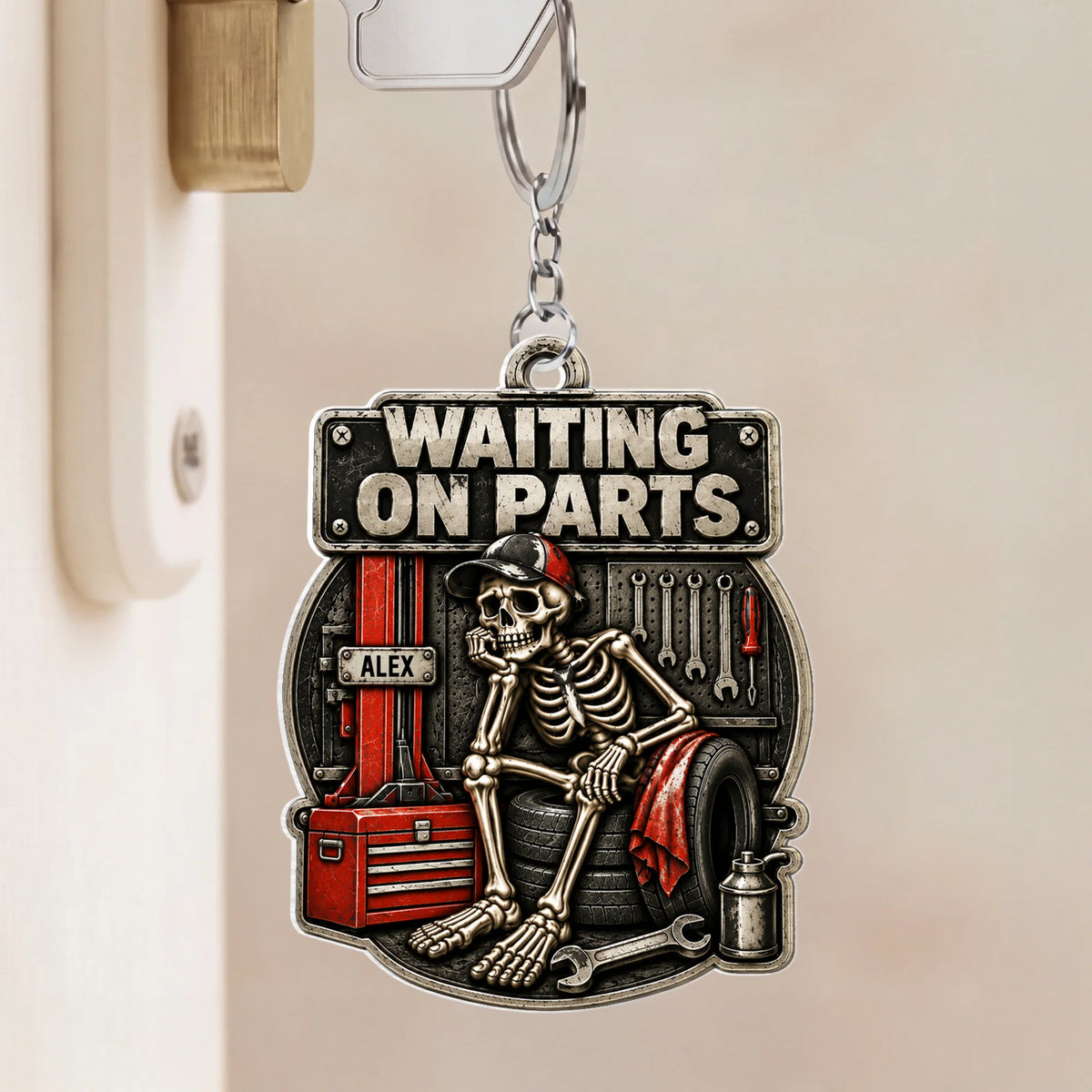 "Waiting On Parts" Funny Skeleton Mechanic Keychain - Custom Name Gift for Dad & Husband