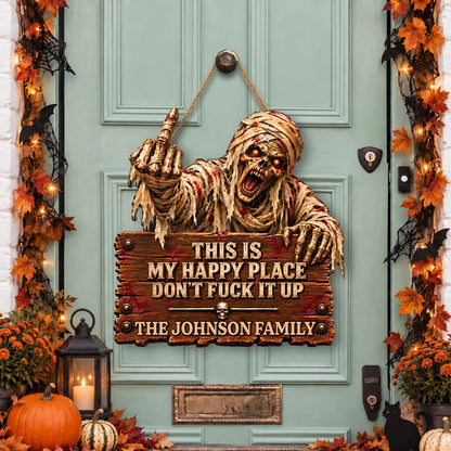 This Is My Happy Place Personalized Grim Reaper Wood Sign - Family Halloween Decor