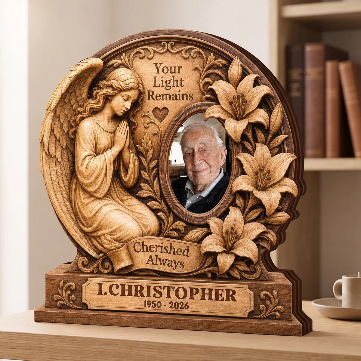 "Your Light Remains Cherished Always" Personalized Memorial Wooden Block - Custom Photo Bereavement Gift for Family