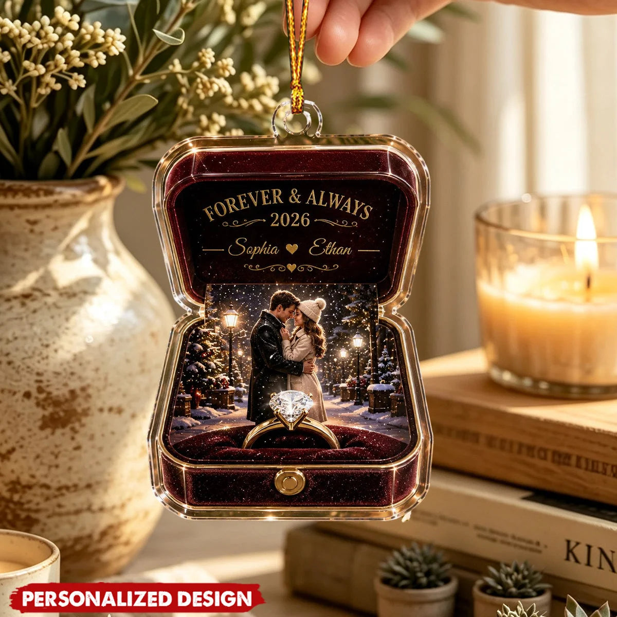 "Forever & Always" Personalized Ring Box Acrylic Ornament - Custom Couple Engagement & Wedding Christmas Keepsake