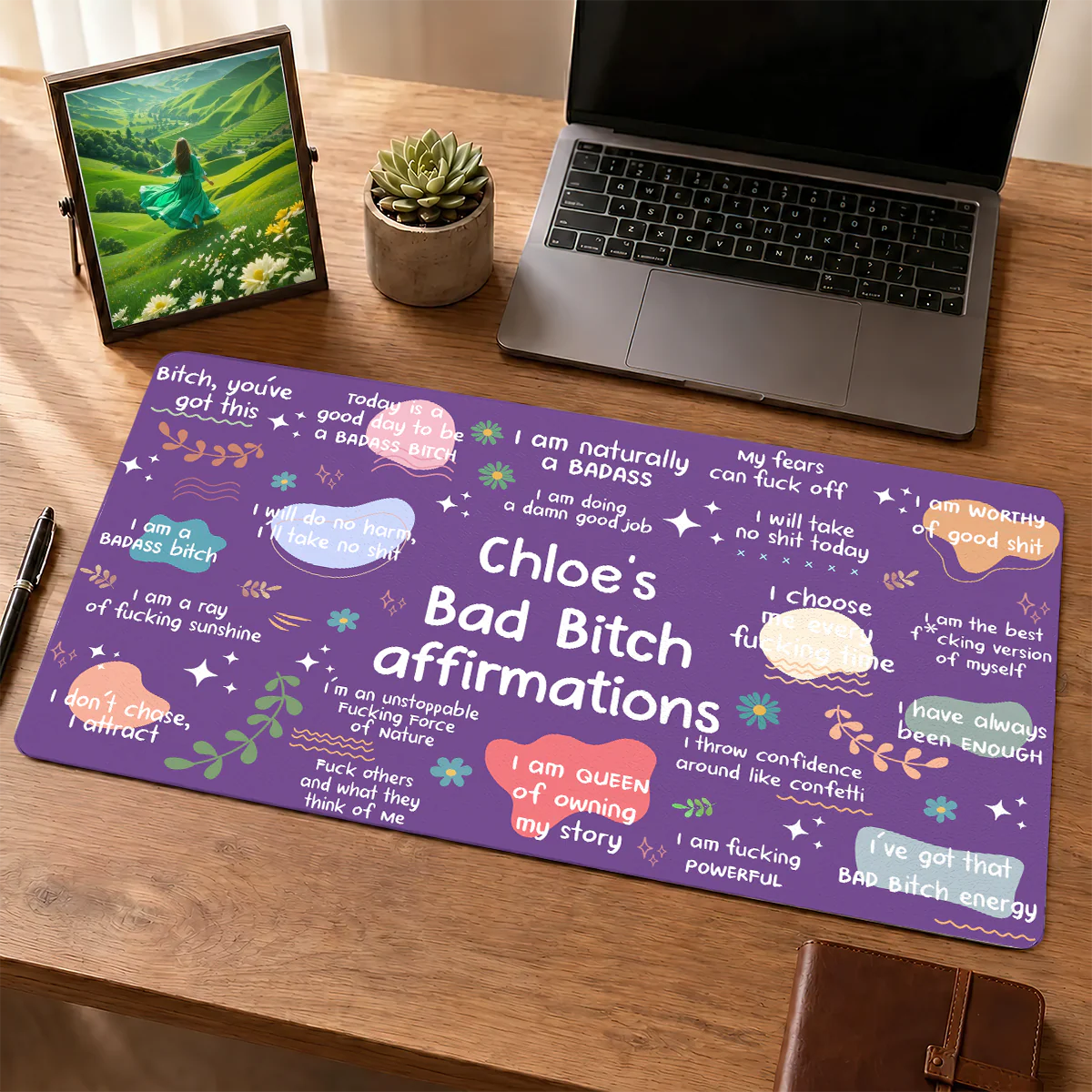 Custom Affirmations Leather Desk Mat for Best Friends with personalized design details for meaningful gifting image 6