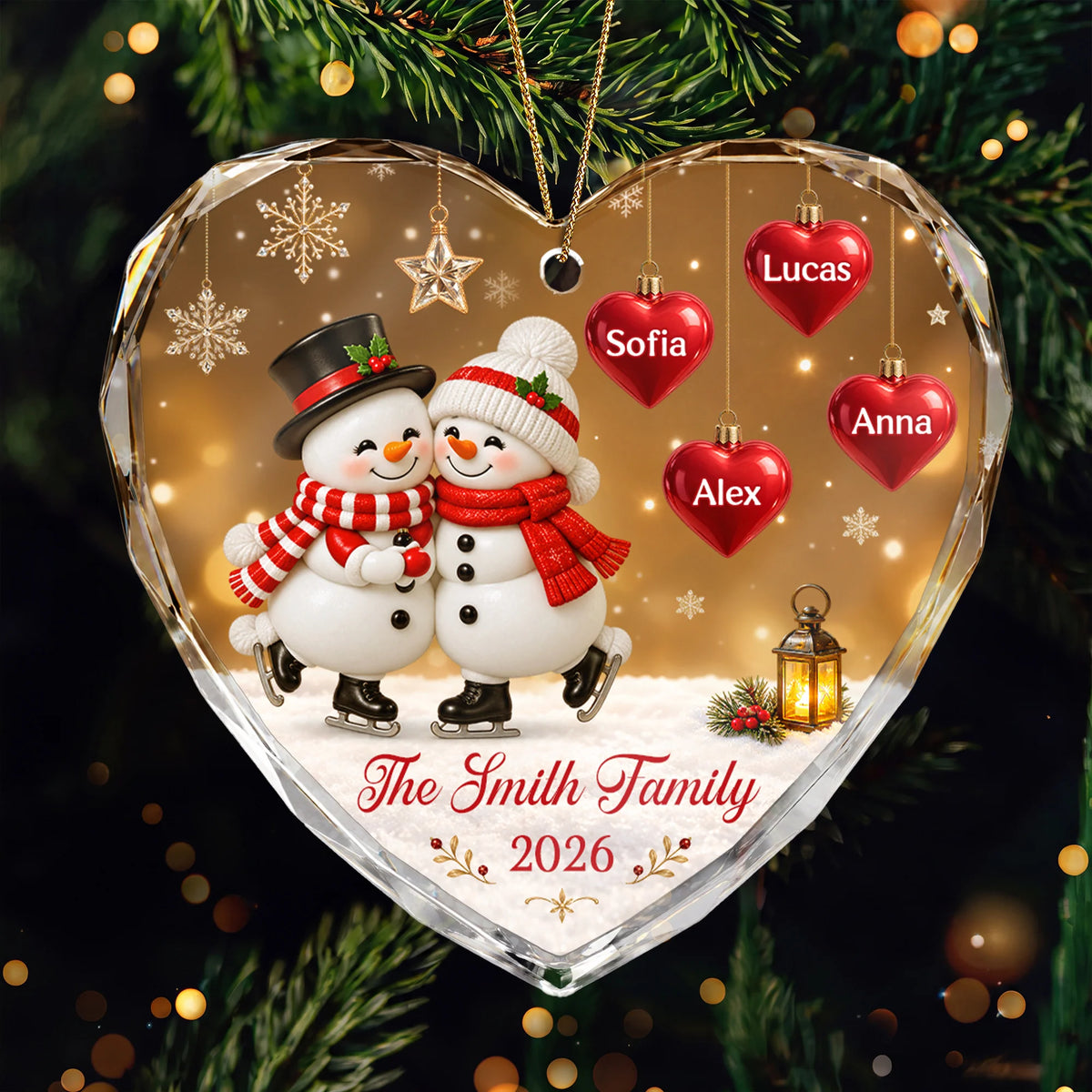 Snowman Couple Personalized Glass Ornament - Custom Christmas Keepsake for Family