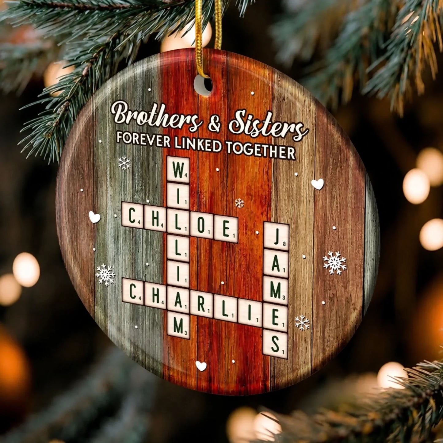 Brothers & Sisters Forever Linked Personalized Ceramic Ornament - Custom Crossword Christmas Gift for Siblings