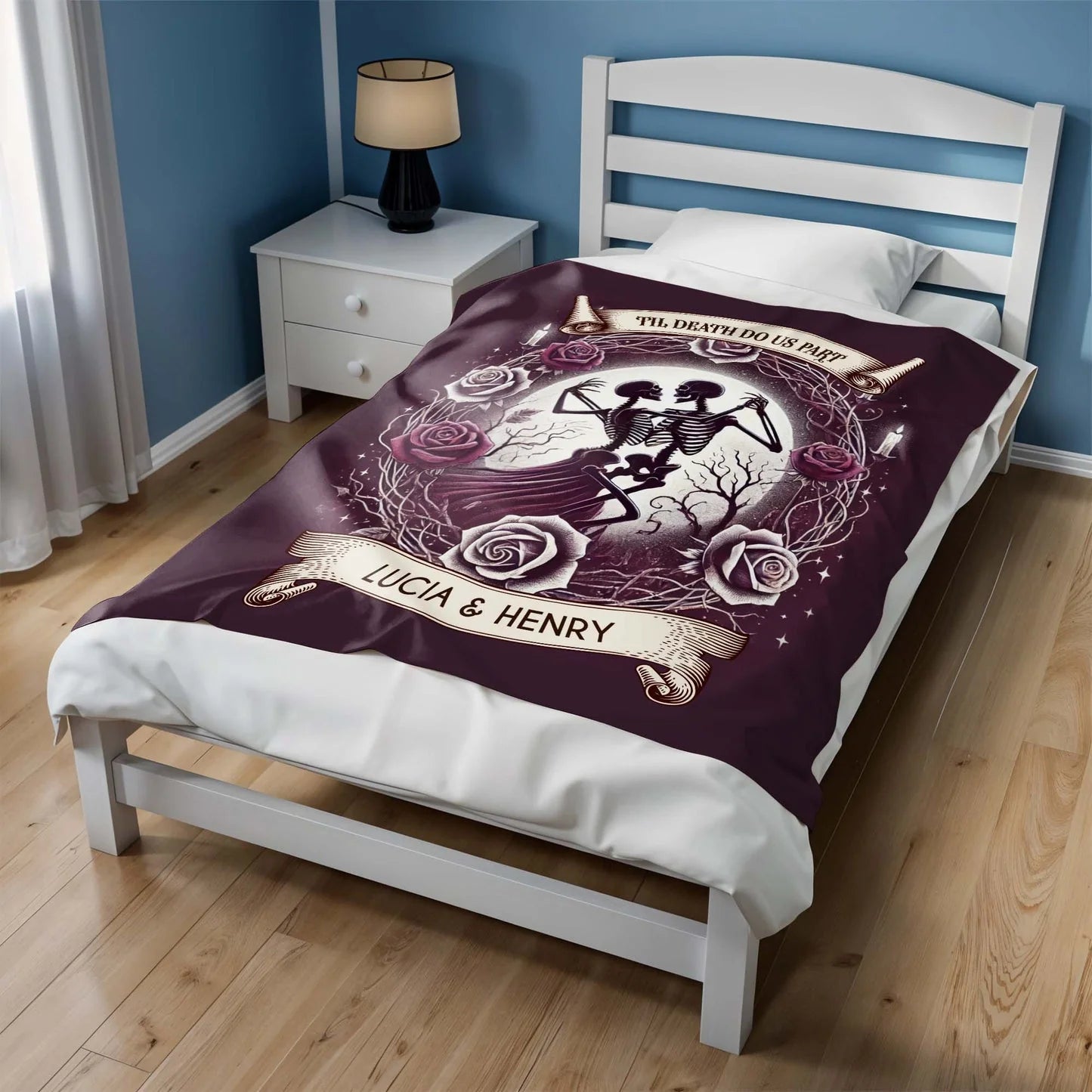 "Til Death Do Us Part" Personalized Gothic Couples Blanket - Custom Skeleton Couple Anniversary Gift for Husband & Wife