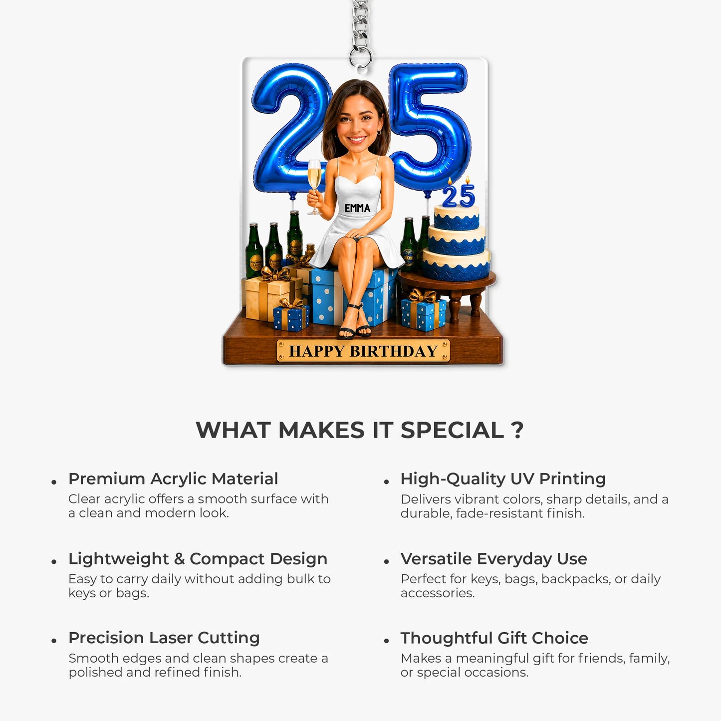 Personalized Birthday Acrylic Keychain - Custom Photo Birthday Keepsake Gift for Best Friends and Family