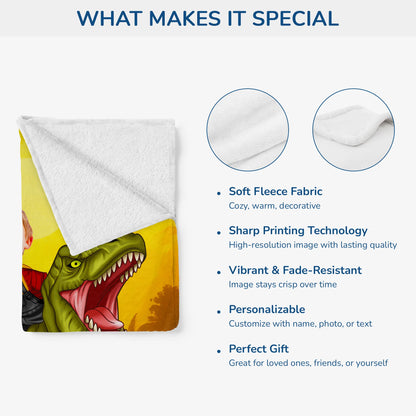 Custom Photo T-Rex Adventure Personalized Dinosaur Blanket - Cozy Birthday Throw Gift for Kids