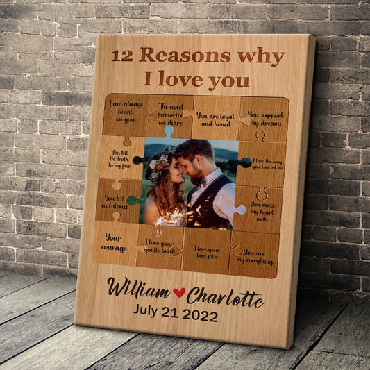 "12 Reasons Why I Love You" Personalized Photo Canvas / Poster - Romantic Anniversary Gift for Couple