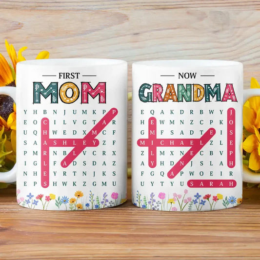 First Mom Now Grandma Word Search Mug - Personalized Ceramic Cup