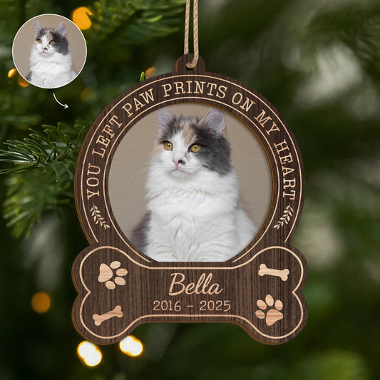 You Left Paw Prints On My Heart - Personalized Pet Memorial Photo Wooden Ornament Keepsake Gift