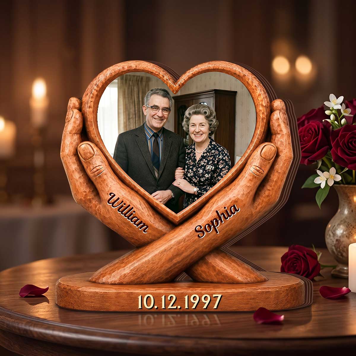 Personalized Heart Couple Photo Wooden Block - Custom Anniversary Wedding Gift for Husband And Wife
