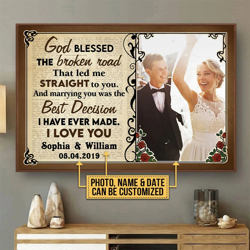 "God Blessed The Broken Road" Personalized Canvas / Poster Wall Art - Romantic Wedding & Anniversary Photo Gift for Couples
