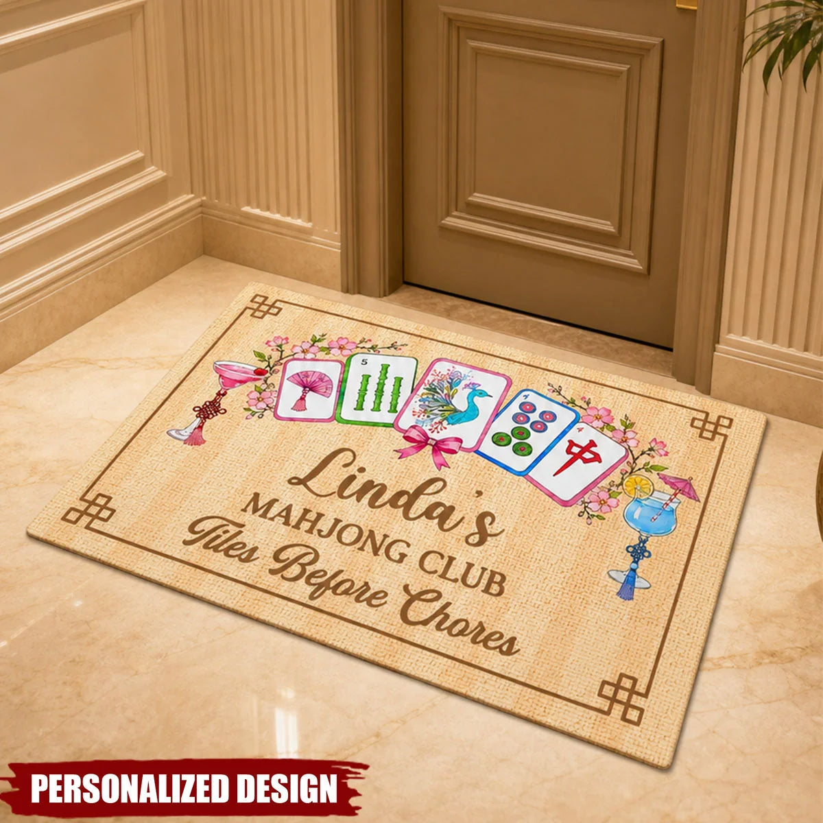Tiles Before Chores Personalized Mahjong Club Doormat - Custom Welcome Mat for Mahjong Lovers