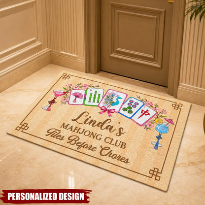 Tiles Before Chores Personalized Mahjong Club Doormat - Custom Welcome Mat for Mahjong Lovers