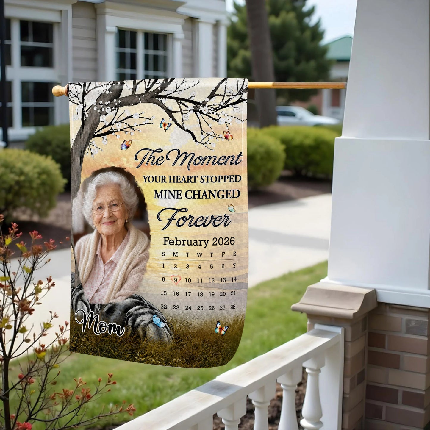 Personalized memorial garden flag for dad with custom photo calendar and tree - unique sympathy outdoor decor image 6