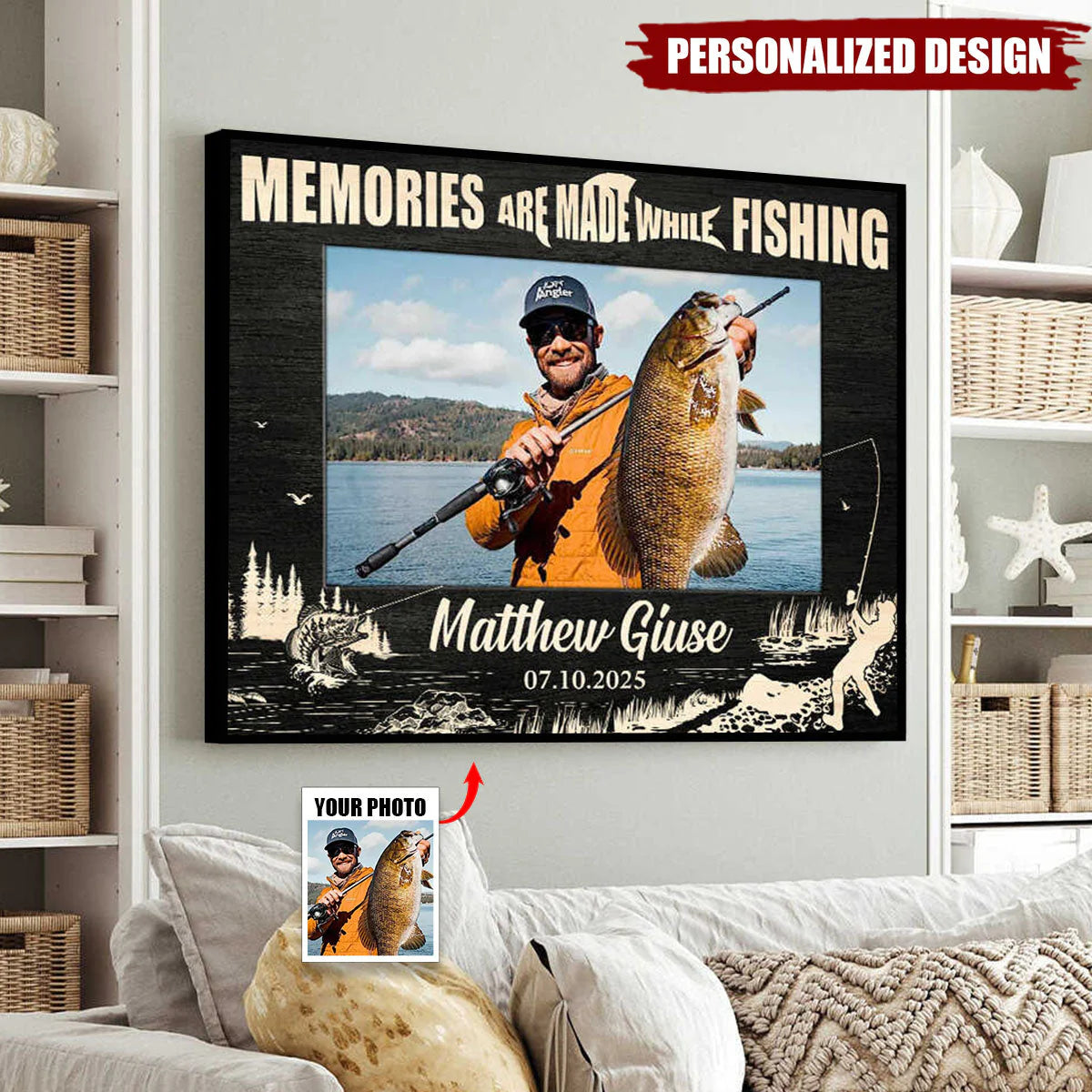 Personalized fishing photo canvas print with custom picture and name for dad fishing gift