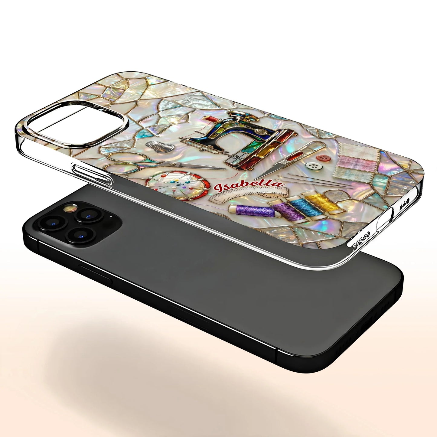 Personalized clear phone case featuring colorful sewing machine and craft design for seamstresses image 8