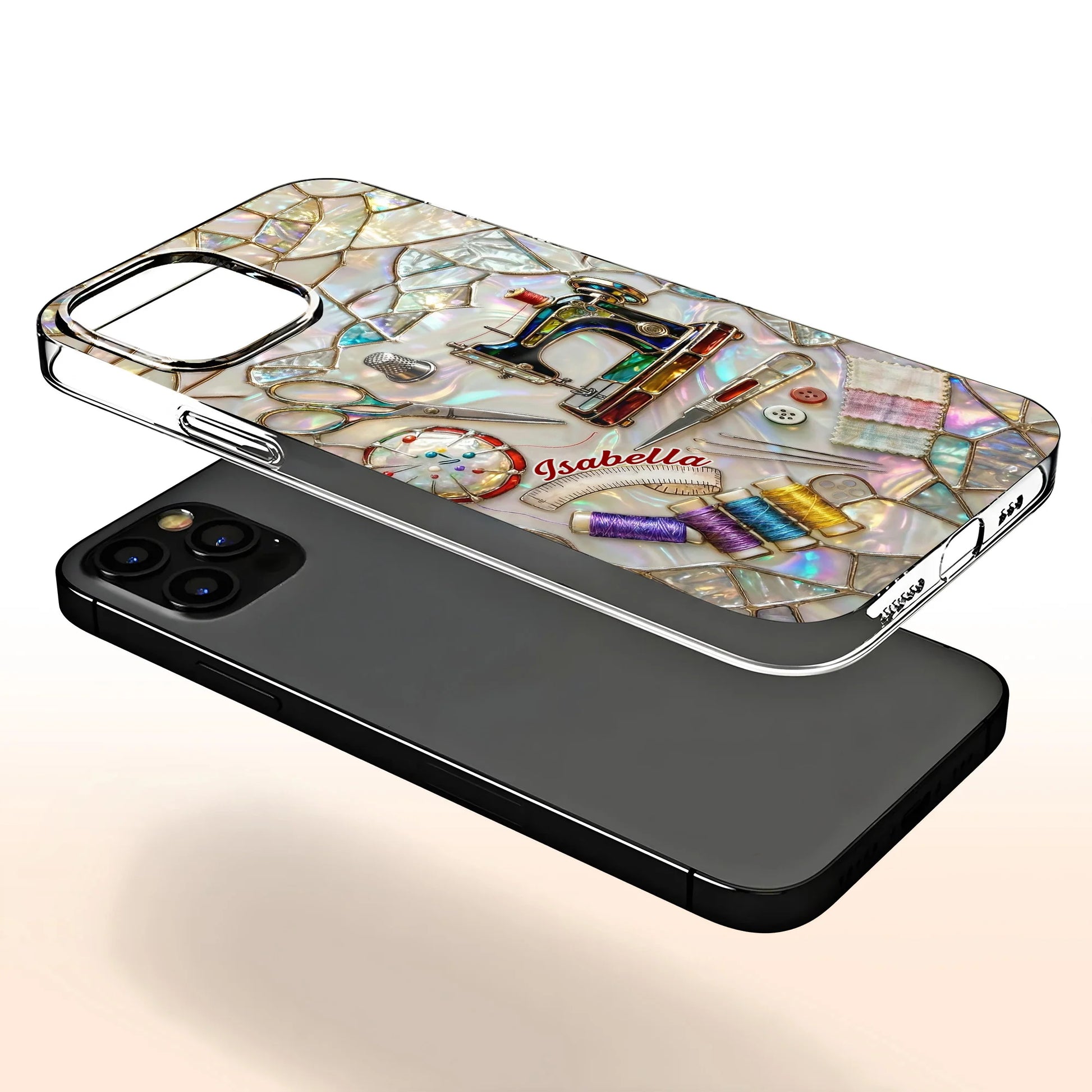 Personalized clear phone case featuring colorful sewing machine and craft design for seamstresses image 8
