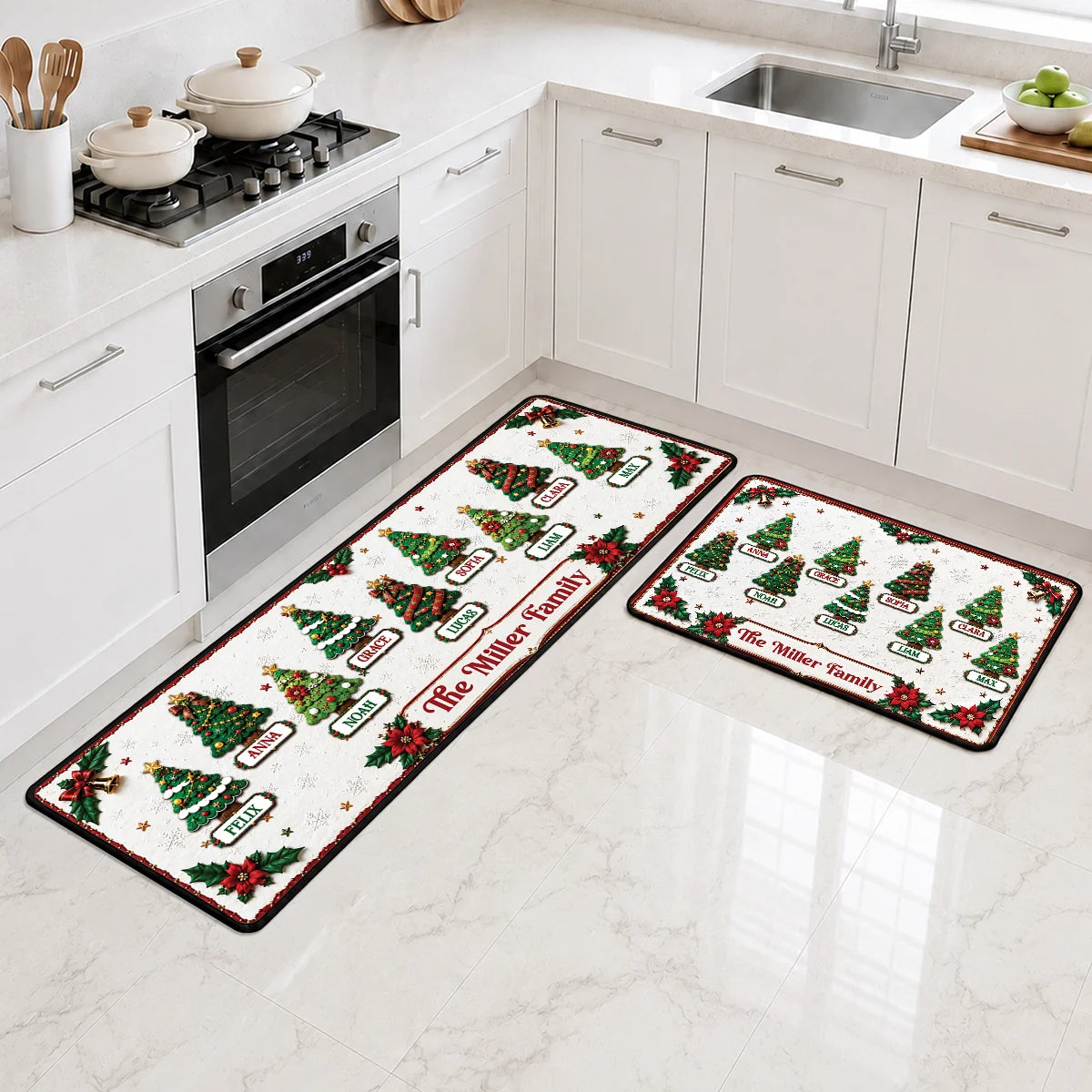 Family Christmas Tree Runner Rug - Personalized Holiday Kitchen Mat Gift