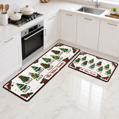 Family Christmas Tree Runner Rug - Personalized Holiday Kitchen Mat Gift