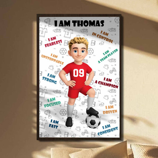 Custom Youth Soccer Affirmation Poster for Son/Grandson with personalized design details for meaningful gifting