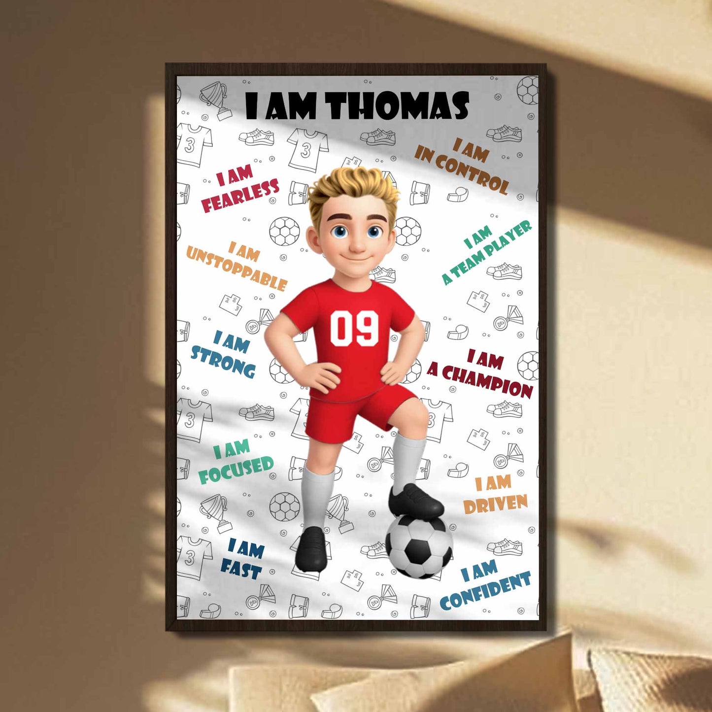 Custom Youth Soccer Affirmation Poster for Son/Grandson with personalized design details for meaningful gifting