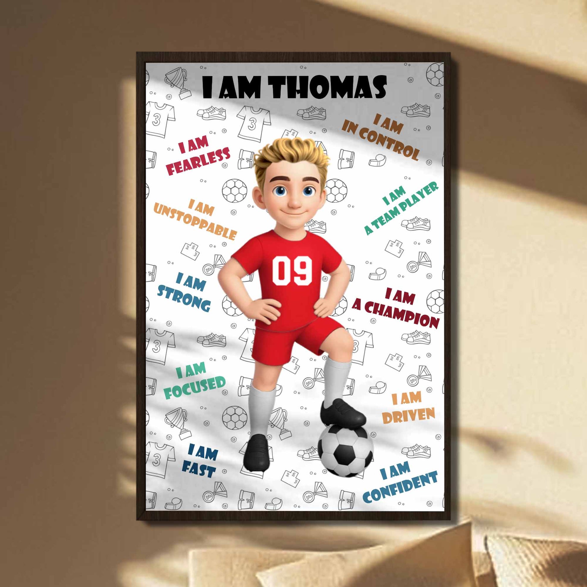 Custom Youth Soccer Affirmation Poster for Son/Grandson with personalized design details for meaningful gifting