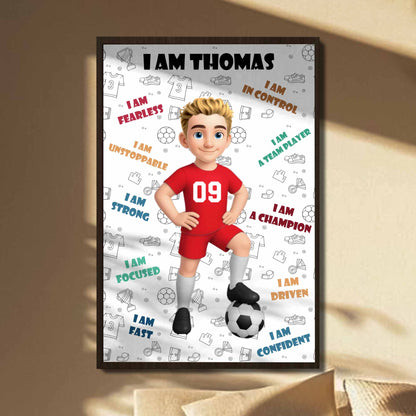Custom Youth Soccer Affirmation Poster for Son/Grandson with personalized design details for meaningful gifting
