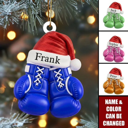 Personalized Boxing Gloves Acrylic Ornament with Santa Hat - Custom Name Christmas Tree Decor for Boxers