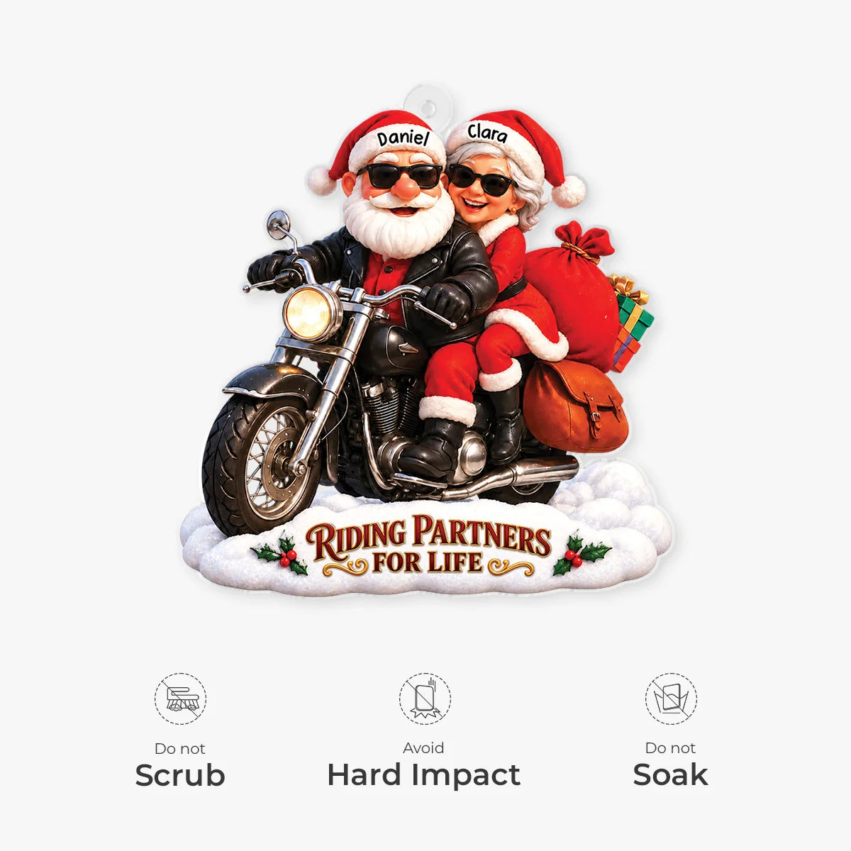 Riding Partners For Life Personalized Couple Acrylic Ornament - Biker Santa Christmas Gift
