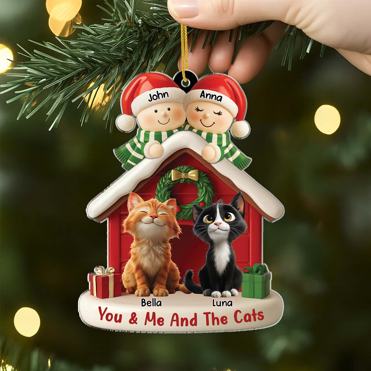 You & Me And The Cat Personalized Couple Acrylic Ornament - Christmas Keepsake for Cat Lovers