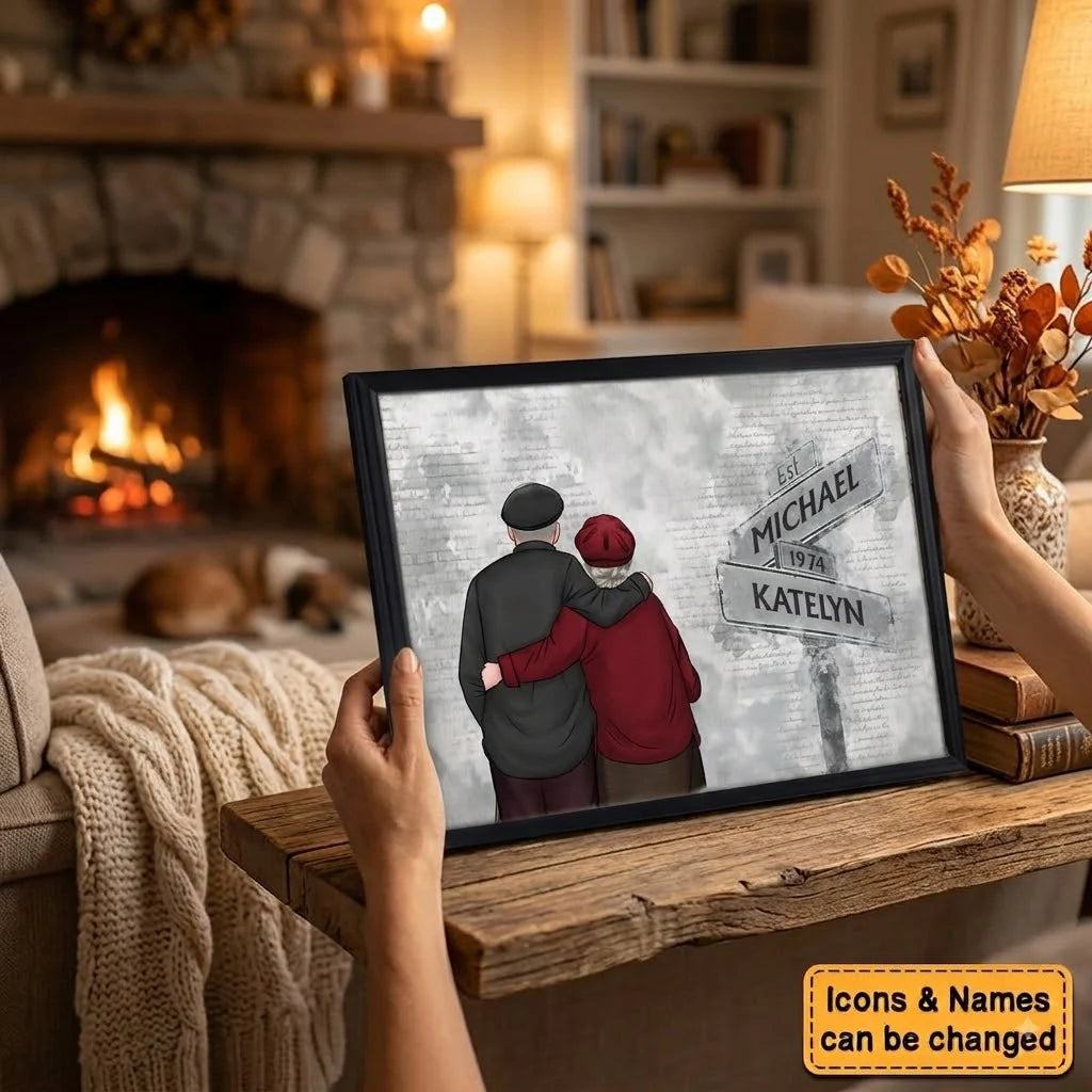 Custom Old Couple Street Sign Canvas / Poster - Personalized Anniversary Wall Art for Couples