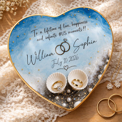 Personalized couples jewelry dish with heart ocean design and custom ring holder gift