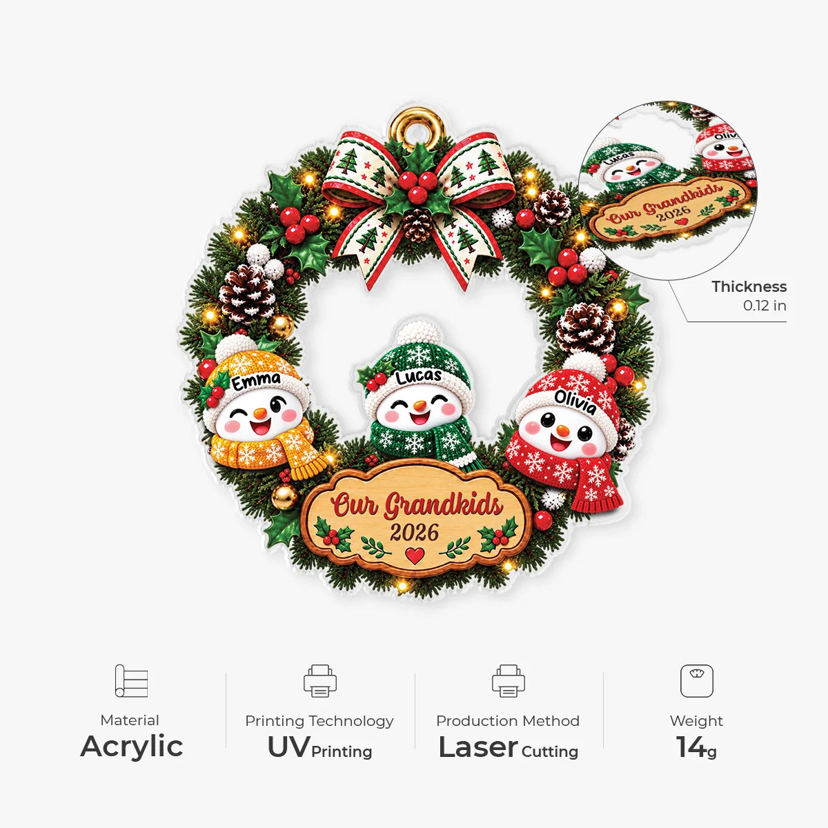 Our Grandkids Snowman Wreath Acrylic Ornament - Personalized Christmas Family Gift