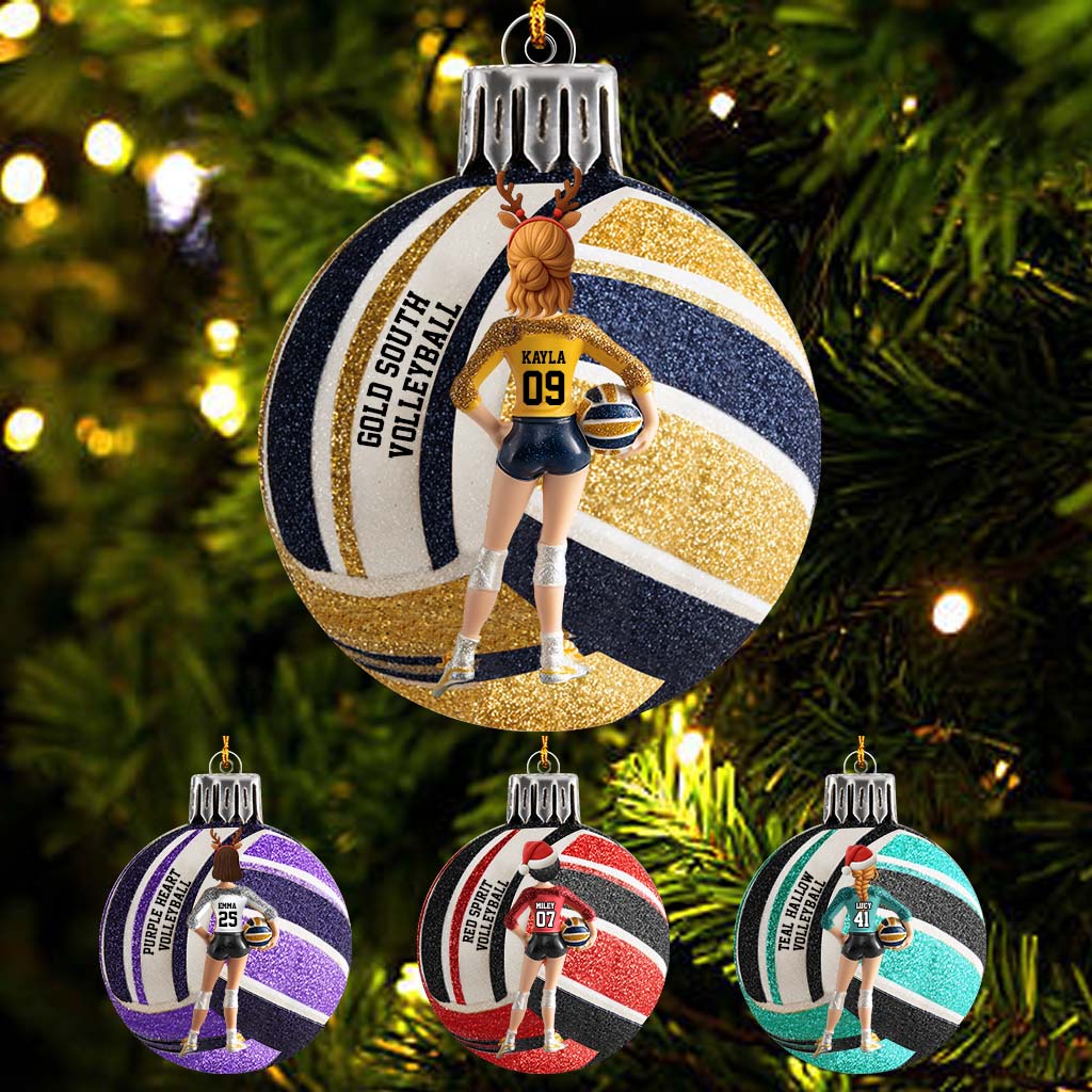 Personalized volleyball ornament with custom player name and jersey number on Christmas tree