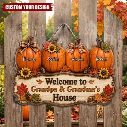Personalized grandparents door sign featuring custom name pumpkins for a rustic fall porch welcome decor