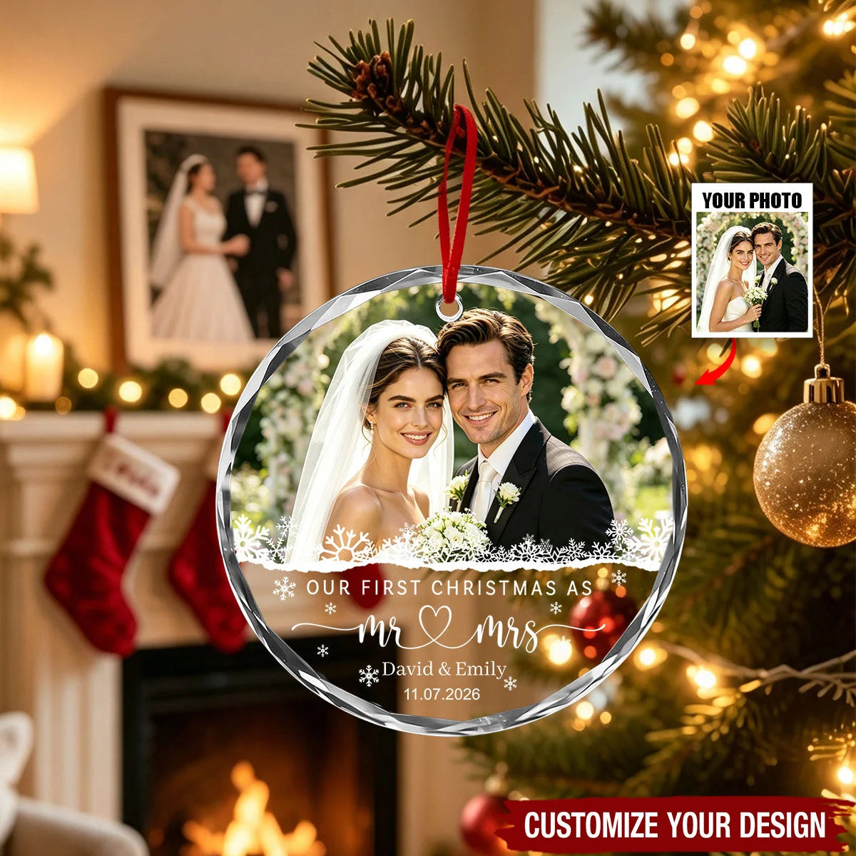"Our First Christmas As Mr & Mrs" Custom Photo Glass Ornament - Personalized Newlywed Keepsake Gift