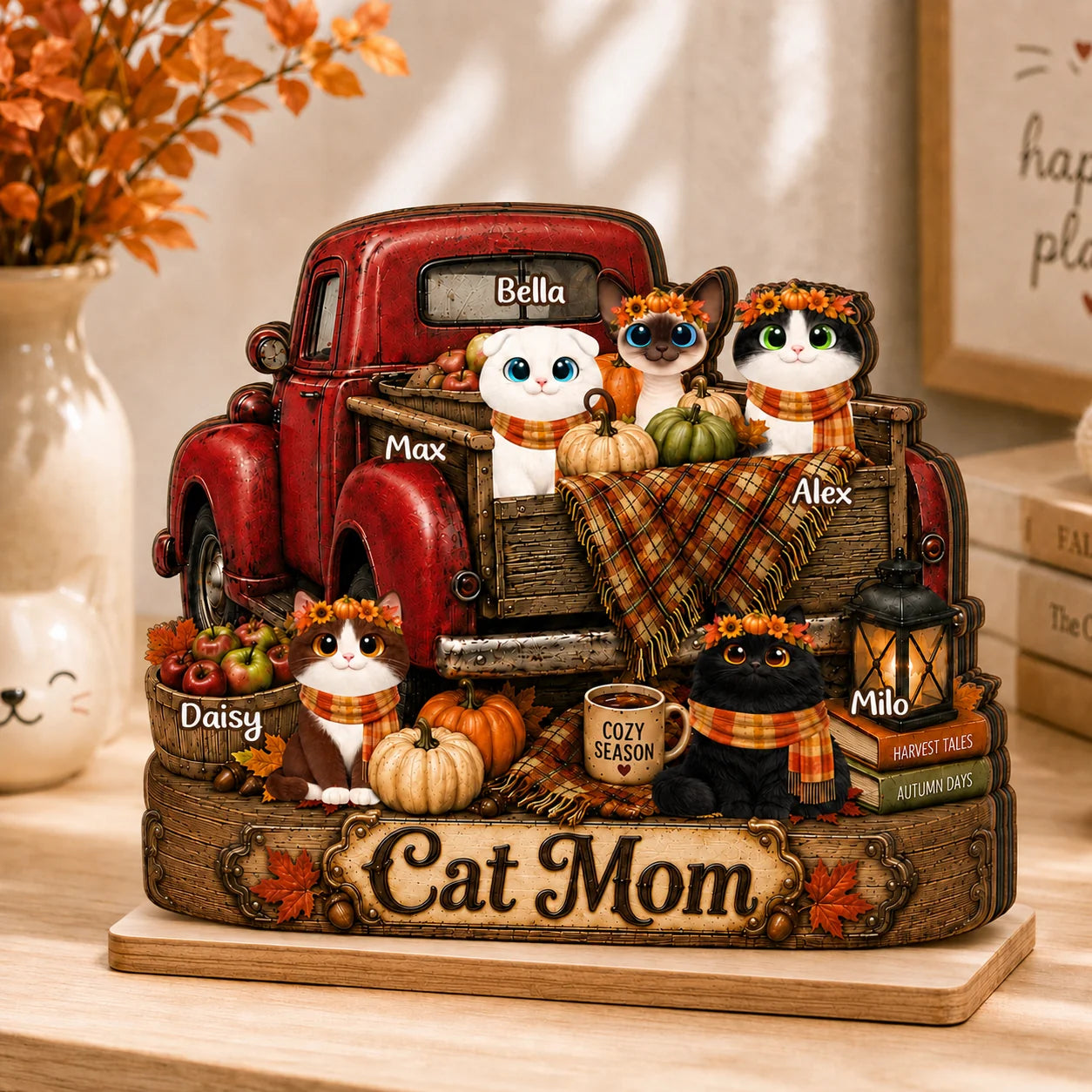 Vintage Fall Truck Personalized Cat Mom Wooden Plaque - Custom Autumn Harvest Pet Keepsake Gift