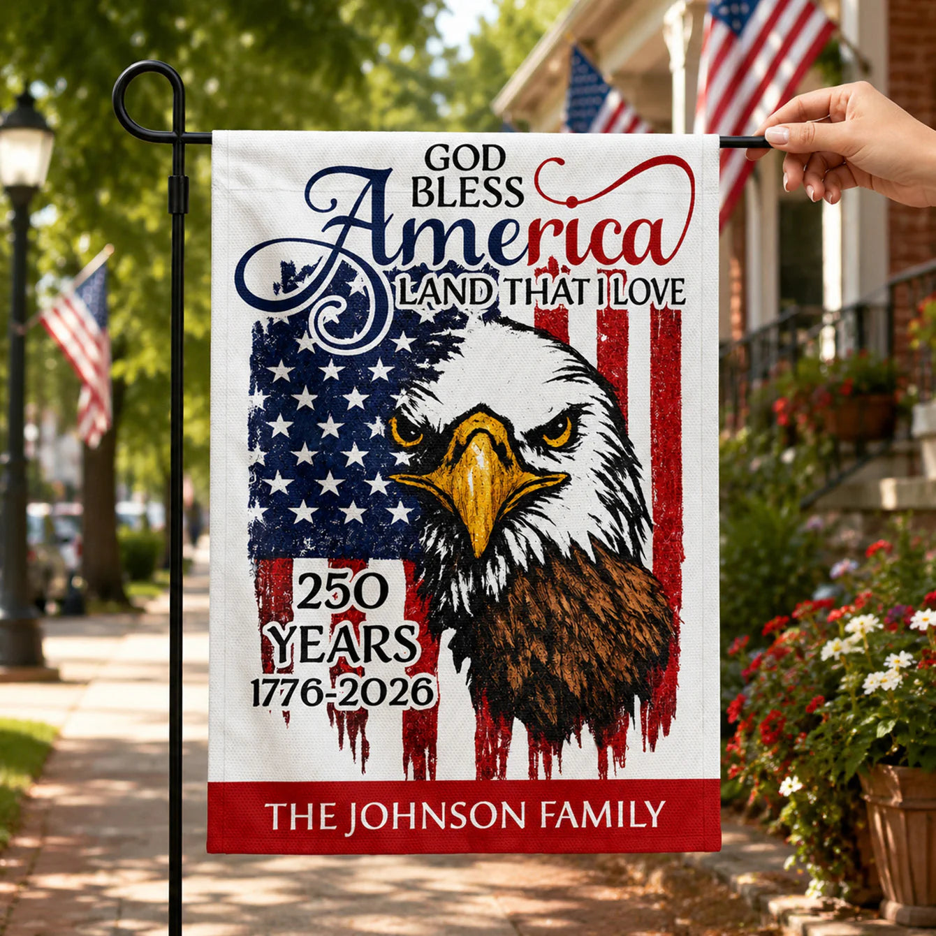 Personalized God Bless America Garden Flag personalization view for Family
