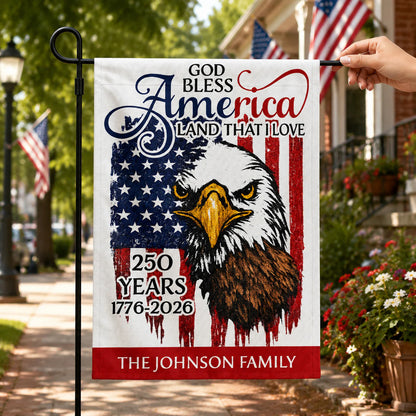 Personalized God Bless America Garden Flag personalization view for Family
