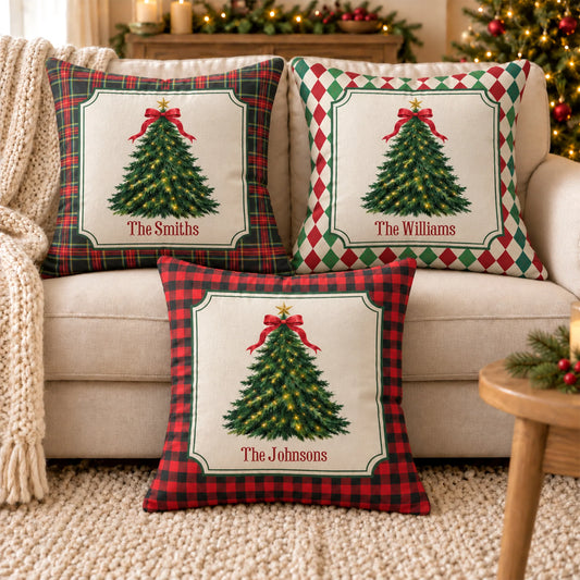 Personalized Christmas Tree Pillow - Custom Family Name Holiday Decor Gift