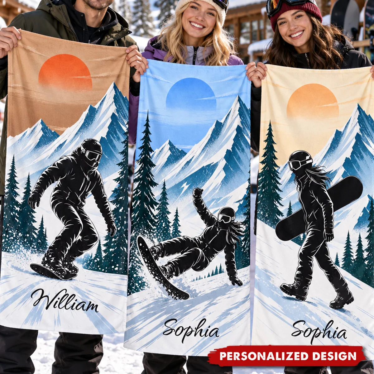 Mountain Sunset Personalized Ski Towel - Custom Name Christmas Gift for Skiers and Snowboarders