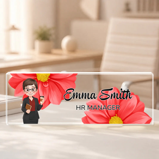 Floral Office Name Acrylic Plaque - Personalized Desk Plate Gift for Coworker & Boss