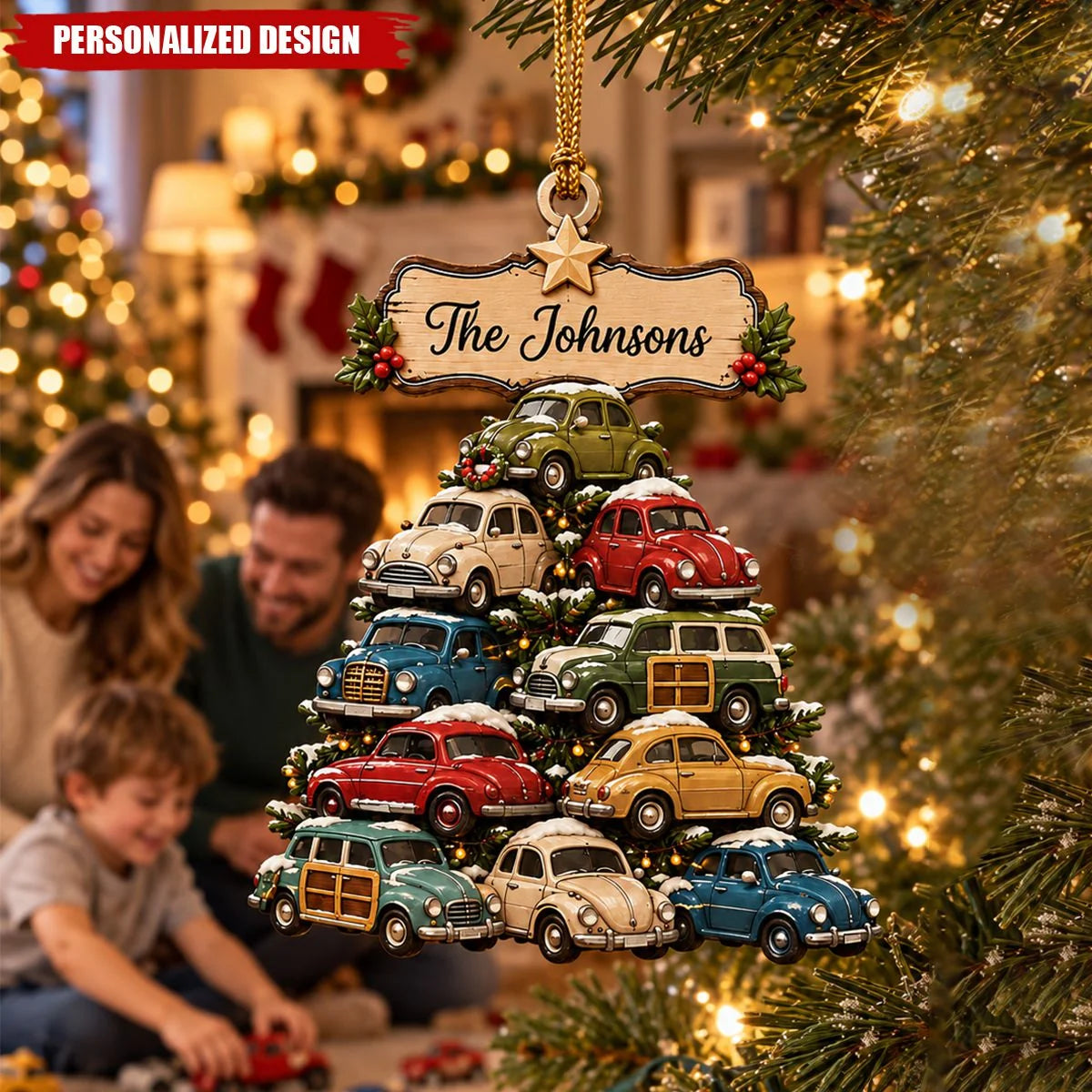 Vintage Car Tree Personalized Wooden Ornament - Retro Christmas Keepsake for Family